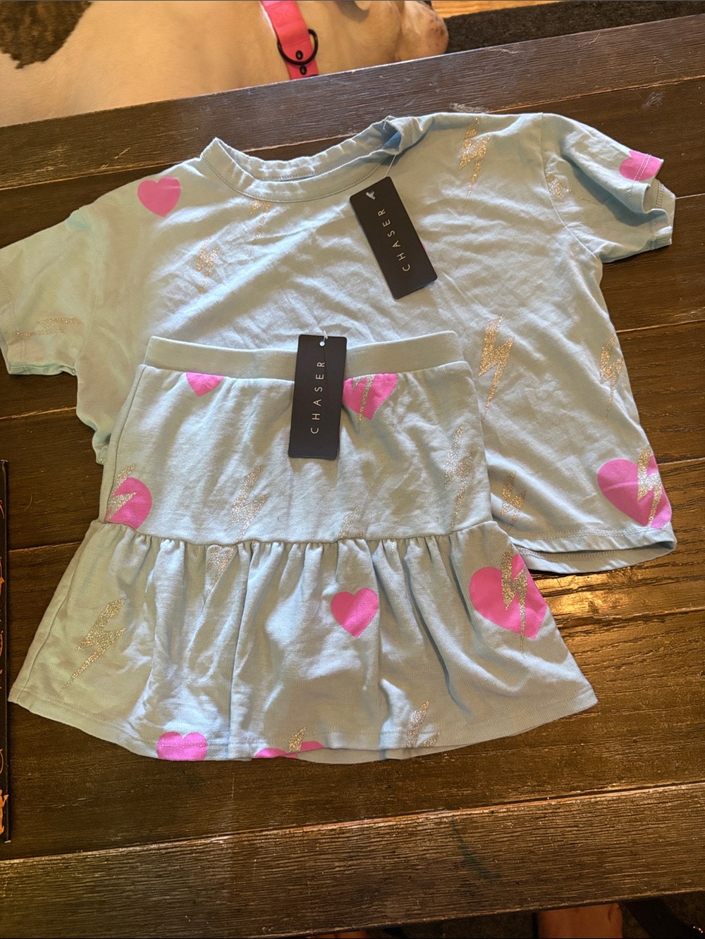 Chaser light blue  Two-Piece Tee and Tiered Skirt with Hot Pink Hearts